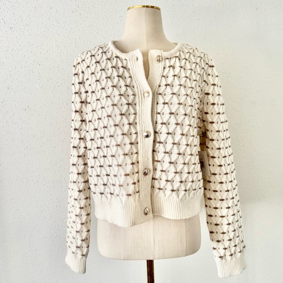 Ellen Tracy Sweaters - New ELLEN TRACY Ivory Brown Chunky Crop Knit Cardigan Sweater Women's Size Large